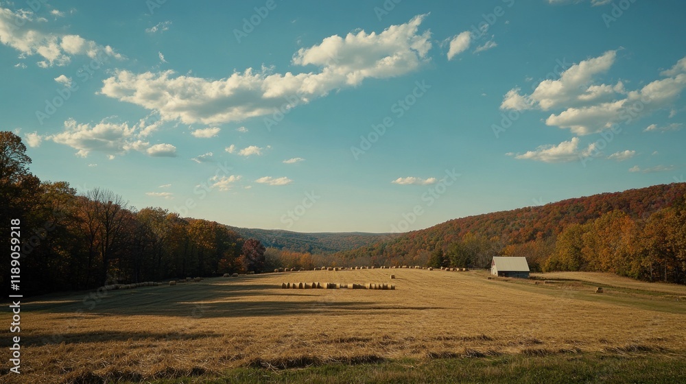 Obraz premium Autumnal farm landscape with hay bales, barn, and fall foliage under a partly cloudy sky.