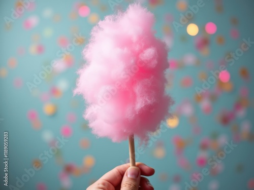 This image shows a hand holding a fluffy pink cotton candy against a bright blue background.