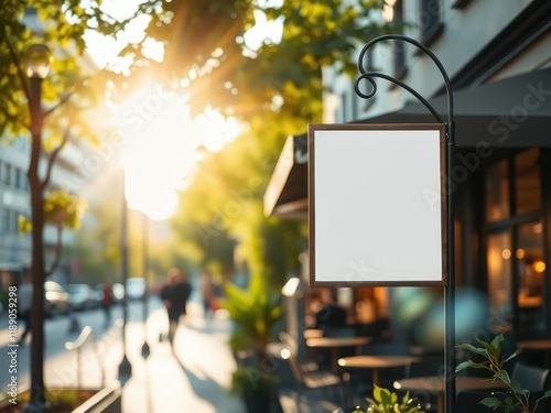 Blank white hanging sign, urban street setting, golden hour sunlight, bokeh effect, brick building, string lights, autumn foliage, vintage aesthetic, shallow depth of field, warm color palette, soft l photo