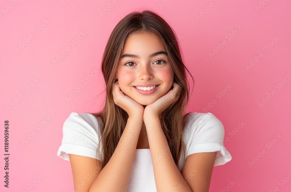 Cute girl smiling, hands under chin, isolated on a pink background with copy space Cute girl smiling, hands under chin, isolated on a pink background with copy space