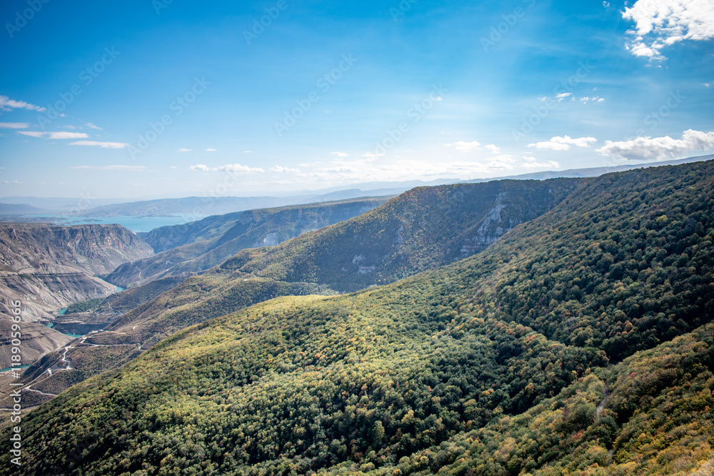 Naklejka premium Mountain river valley, top view