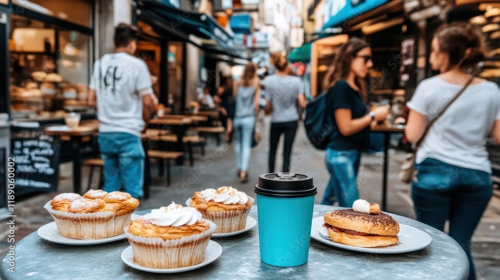 Fototapeta premium Coffee, pastries, and people enjoying a city street cafe.
