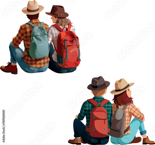 Tourists wearing backpacks and hats sitting and enjoying scenic view