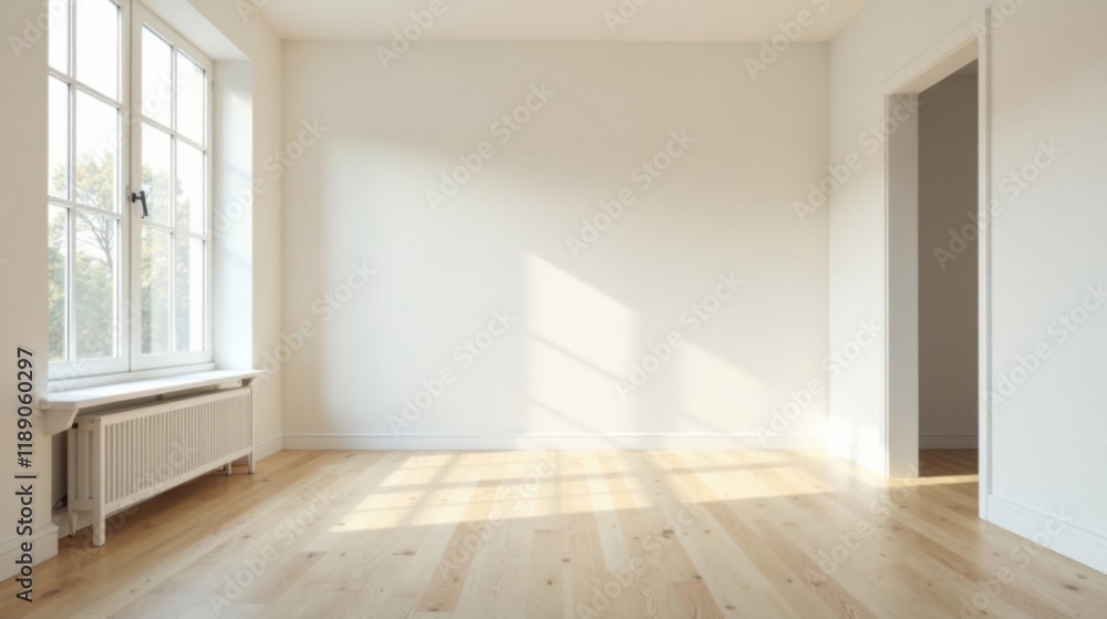 Obraz premium Bright Sunlight Illuminates an Empty Room with Light Hardwood Floors and White Walls