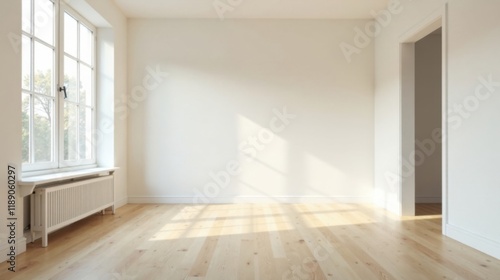 Bright Sunlight Illuminates an Empty Room with Light Hardwood Floors and White Walls