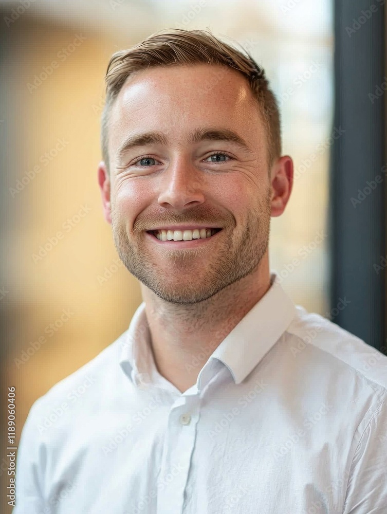 Smiling Man in White Shirt with Modern Office Background Smiling Man in White Shirt with Modern Office Background
