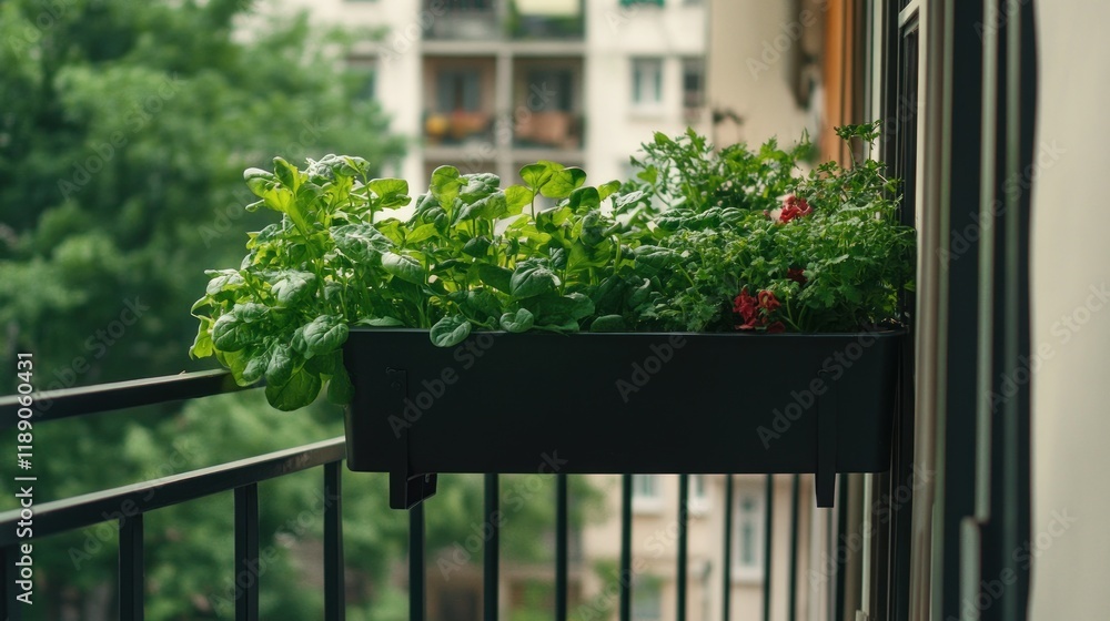 Fototapeta premium Balcony herb garden in a black planter box with green leafy plants and red flowers, overlooking a city.