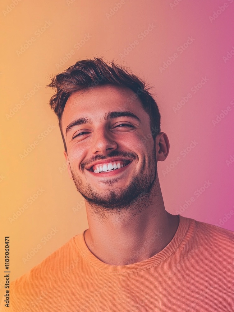 Obraz premium Joyful young man smiling against a colorful gradient background