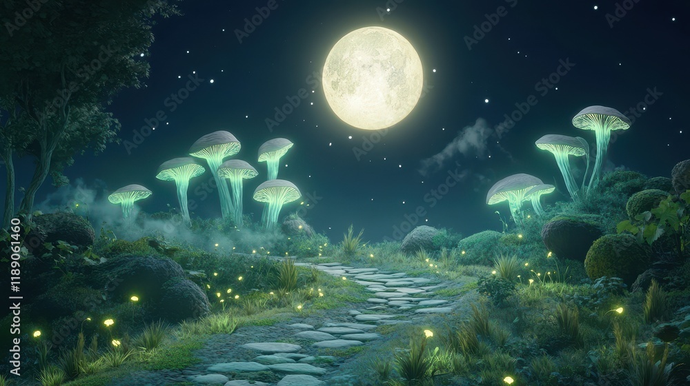 Enchanting Moonlit Forest Path With Glowing Mushrooms Enchanting Moonlit Forest Path With Glowing Mushrooms