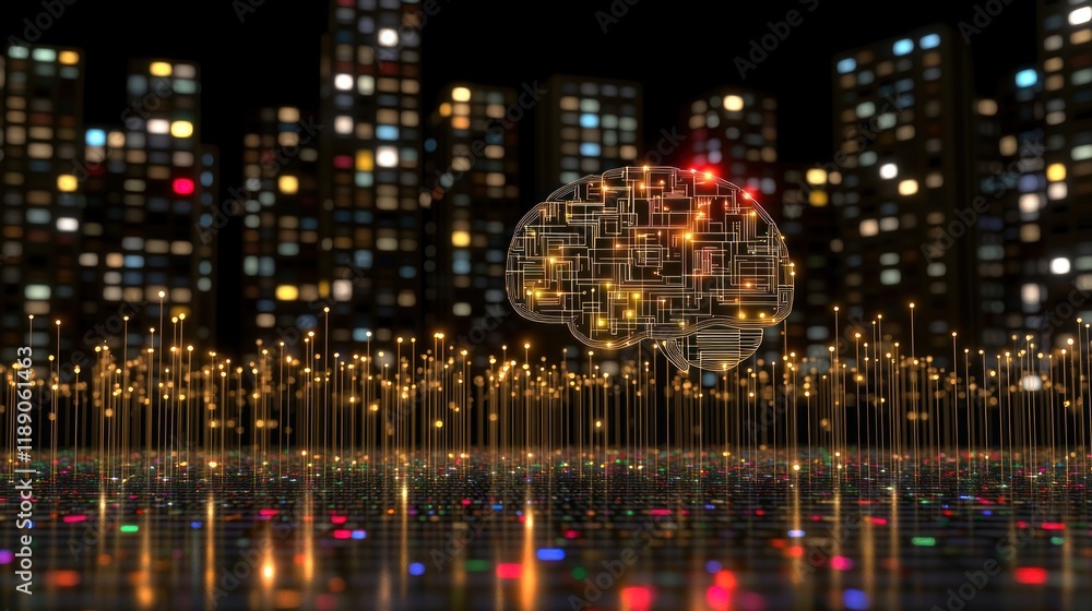 Illuminated brain circuit over city at night, representing artificial intelligence and data connection. Illuminated brain circuit over city at night, representing artificial intelligence and data connection.