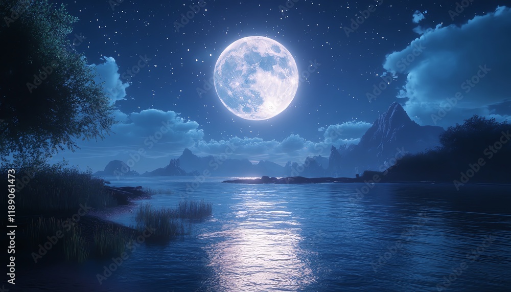 Fototapeta premium Romantic full moon shining over the sea, casting a magical glow on the water, with gentle waves and a starry night sky creating a serene, enchanting atmosphere