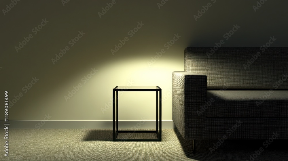 Illuminated side table next to a sofa in a dimly lit room. Illuminated side table next to a sofa in a dimly lit room.