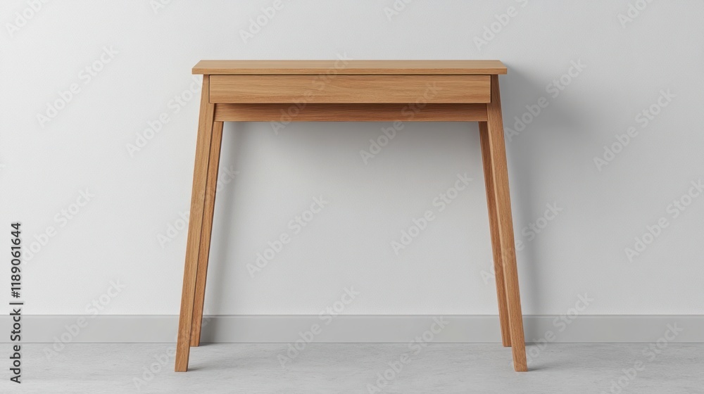 Light wood console table with single drawer against white wall. Light wood console table with single drawer against white wall.