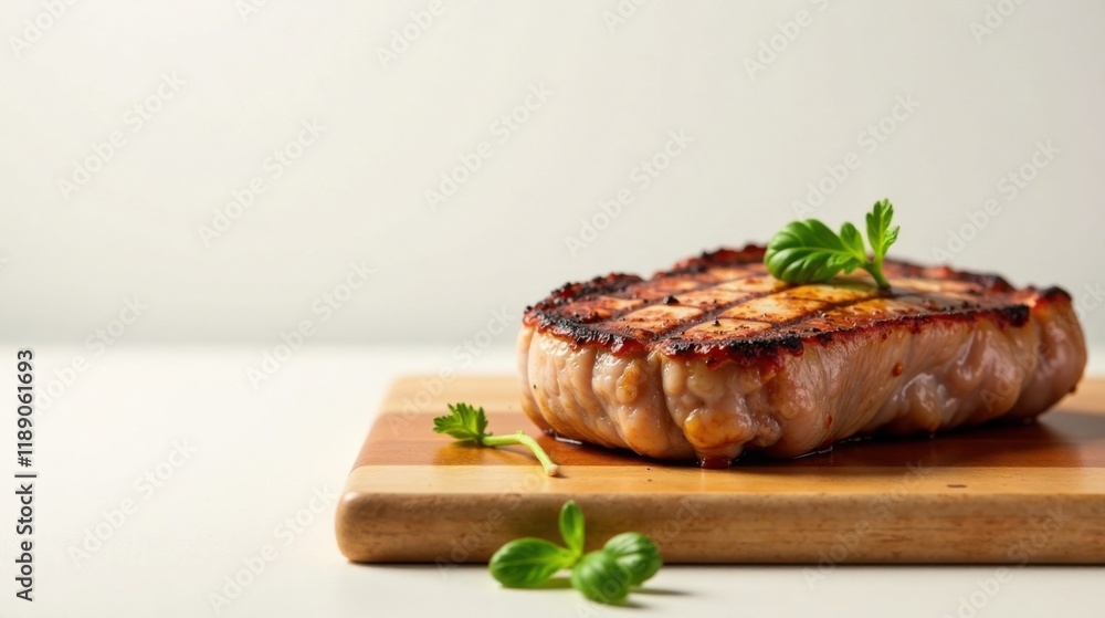 Grilled meat on a wooden cutting board with fresh herbs Grilled meat on a wooden cutting board with fresh herbs