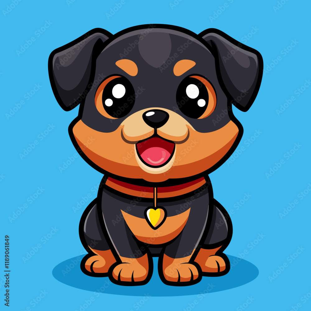 Obraz premium Cute Cartoon Rottweiler Puppy – Big Eyes, Red Collar, Playful Pose in Kawaii Chibi Style