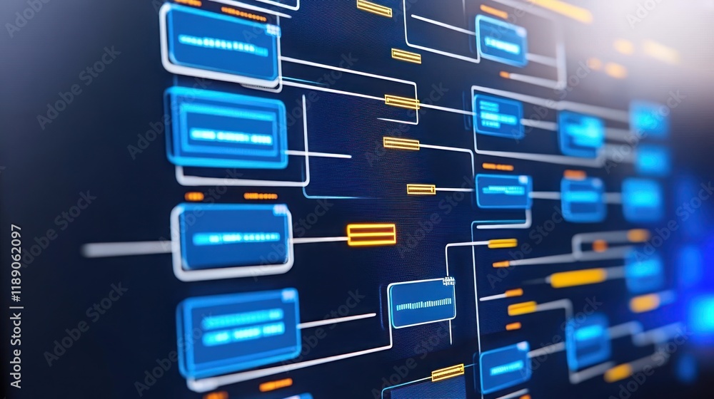 Abstract digital flowchart on dark background showing data connections and processes. Abstract digital flowchart on dark background showing data connections and processes.