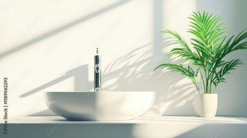 Fototapeta premium Minimalist bathroom sink with palm plant and sunlight shadows.