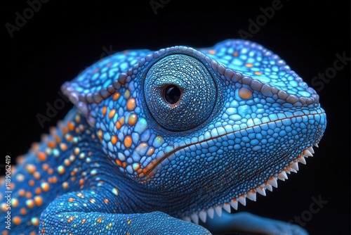 hyperrealistic chameleon portrait with iridescent scales in electric blue tones dramatic macro photography photo