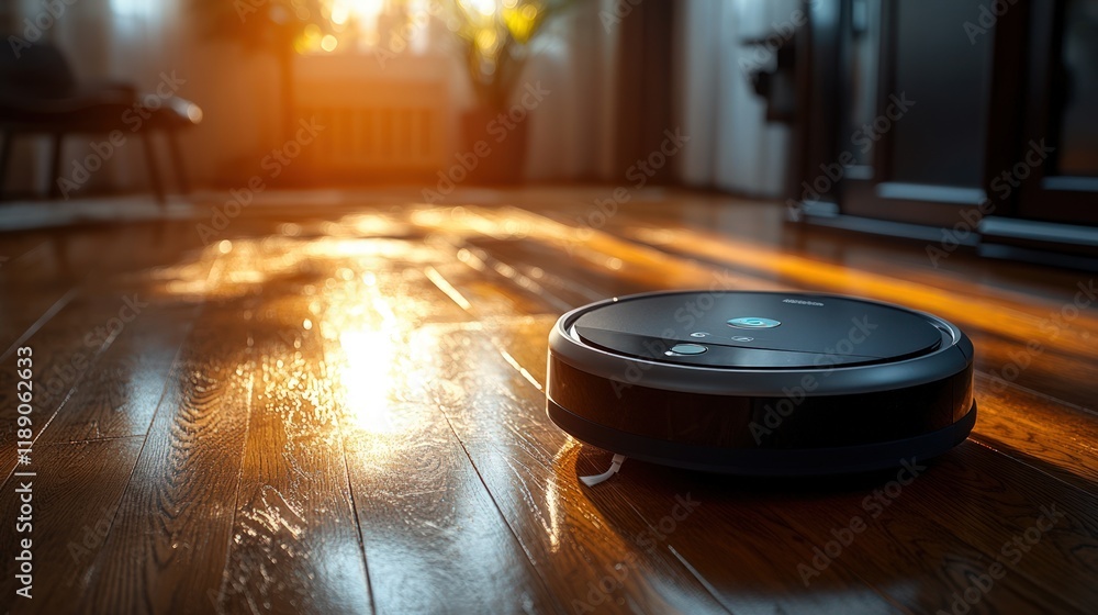 Robotic vacuum cleaner on hardwood floor in sunlit room.