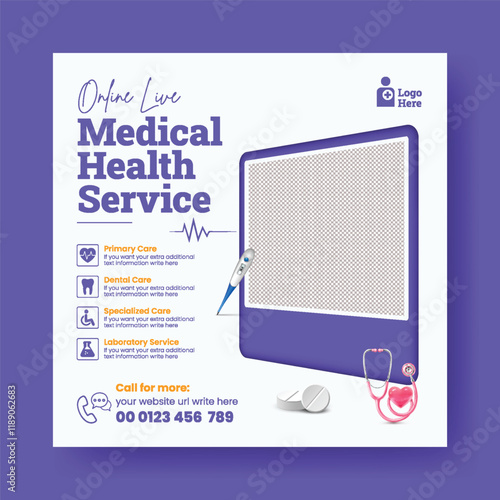 online Medical Healthcare social media post banner ads template, modern social media post template for online Healthcare consultation and nursing care square banner, Medical Healthcare doctor posts photo