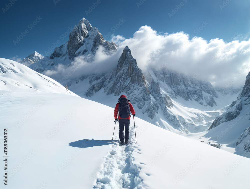 Adventurer treks through snow-covered mountains under a clear blue sky Adventurer treks through snow-covered mountains under a clear blue sky