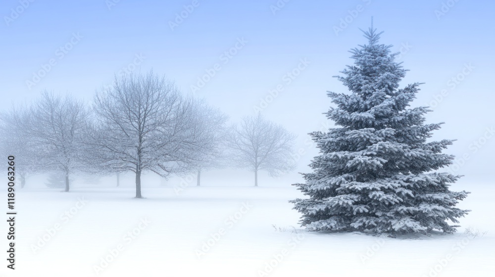 Obraz premium Snowy landscape with a frosted evergreen tree in a misty field.
