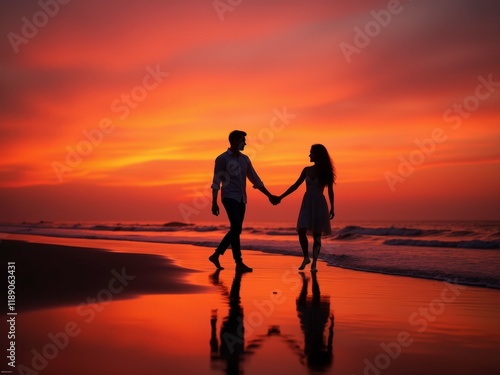 A couple holding hands walks along a beach at sunset, with the sky painted in vibrant orange and red hues.