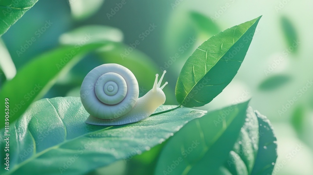 White snail crawling on green leaf in sunlight. White snail crawling on green leaf in sunlight.