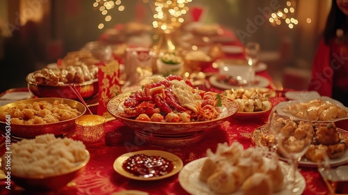 Lavish Chinese New Year feast on a red tablecloth with abundant dishes and celebratory decorations.