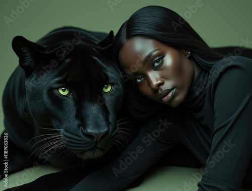 Woman rests beside a black panther in a serene and captivating setting photo