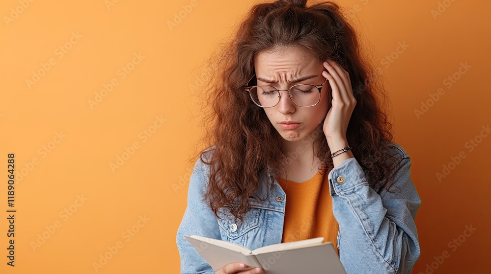 Stressed student girl, with hand on forehead, looking the notebook. Stressed student girl, with hand on forehead, looking the notebook.