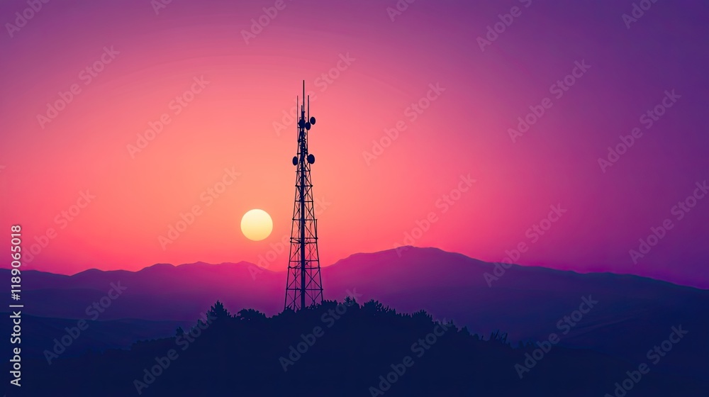 Telecommunication tower standing tall against a vibrant sunset backdrop, symbolizing connection and communication in a picturesque mountain landscape Telecommunication tower standing tall against a vibrant sunset backdrop, symbolizing connection and communication in a picturesque mountain landscape