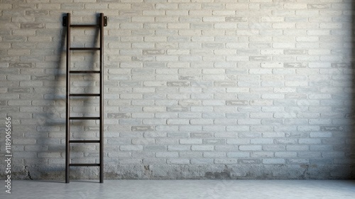 A dark brown metal ladder leans against a light gray brick wall in a minimalist interior setting