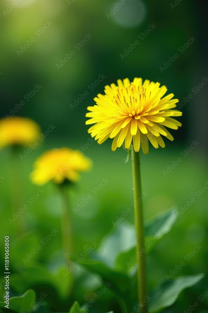 yellow dandelion with large green leaf in a blooming garden, green, plants yellow dandelion with large green leaf in a blooming garden, green, plants