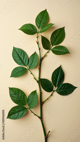 Elegant Rose Leaf Twigs: Vibrant Green Foliage Isolated on Neutral Background for Natural Skincare Ads or Botanical Designs photo