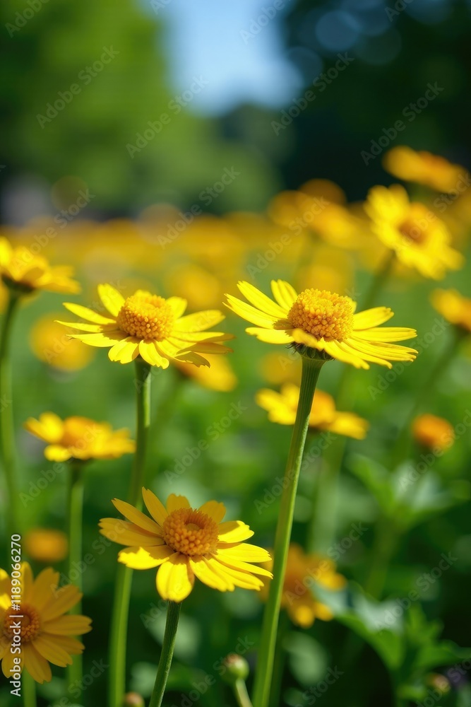 Yellow Dyer's Chamomile flowers blooming in a garden bed, chamomile, garden bed, herbaceous Yellow Dyer's Chamomile flowers blooming in a garden bed, chamomile, garden bed, herbaceous