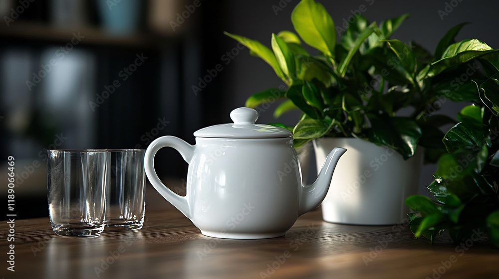 White Teapot with Glasses and Green Plants on Wooden Table White Teapot with Glasses and Green Plants on Wooden Table