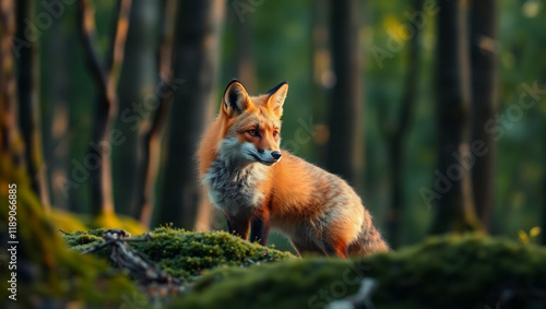 Red fox, forest backdrop, mossy log, vibrant orange fur, alert posture, piercing eyes, soft bokeh background, dappled sunlight, woodland scene, lush green foliage, photorealistic, wildlife photography photo