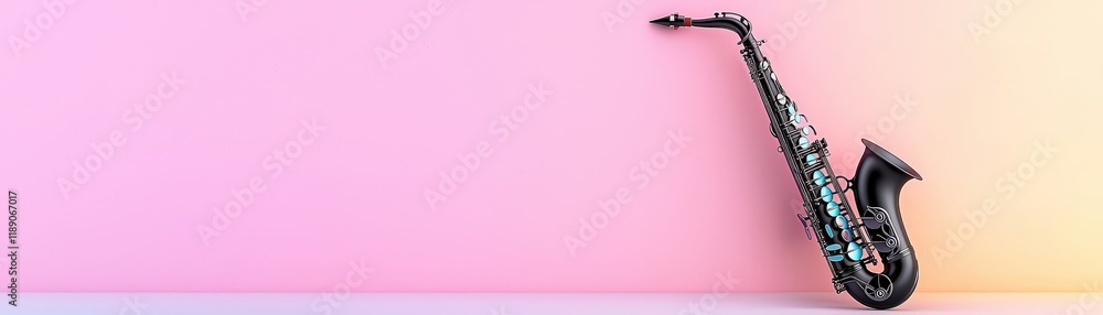Fototapeta premium Elegant Black Saxophone Against a Soft Gradient Background in Pastel Pink and Peach Tones