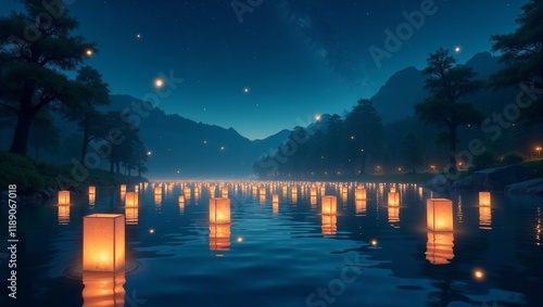 Mystical river with floating lanterns under a starry sky, celebrating Tanabata festival
