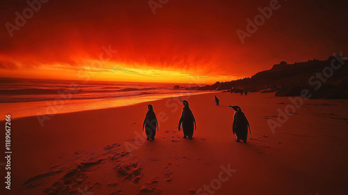 African penguins on the sandy coast in sunset. Red sky. African penguin ( Spheniscus demersus) also known as the jackass penguin and black-footed penguin. Boulders colony. Cape Town. South Africa photo