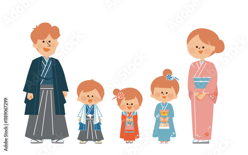日本の着物を着た家族　かわいいイラスト