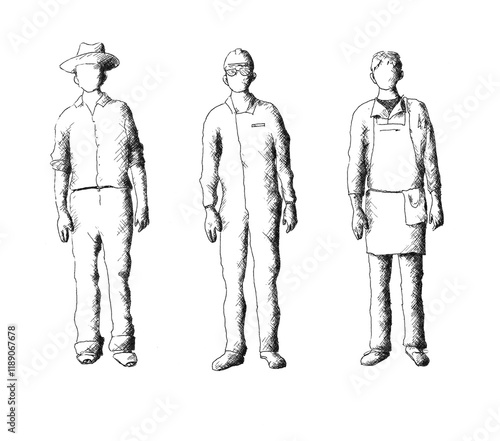 Dibujo a mano de la silueta de un hombre con indumentaria de varias profesiones: agricultor, mecánico y comerciante