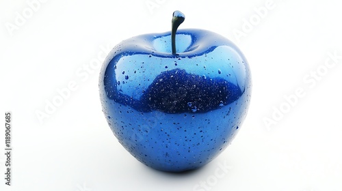 Shiny blue apple with droplets, white isolate background.