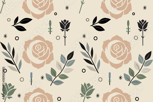 A floral pattern featuring beige roses, green and black leaves, and minimalist elements on a cream background.