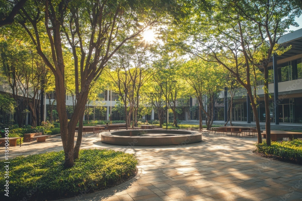 Scenic eco-friendly college campus with lush greenery and inviting circular seating perfect for inspiring study moments on a sunny day. Ideal for educational projects and marketing materials