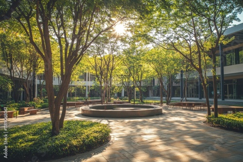 Obraz na płótnie Scenic eco-friendly college campus with lush greenery and inviting circular seating perfect for inspiring study moments on a sunny day. Ideal for educational projects and marketing materials w salonie