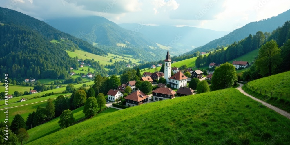 Obraz premium Serene Village nestled in a Verdant Valley, surrounded by lush green hills and a steeple church