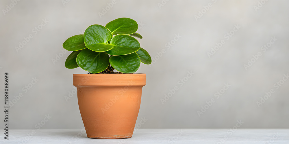 Fototapeta premium A vibrant green plant in a terracotta pot sits on a white surface against a muted gray background.