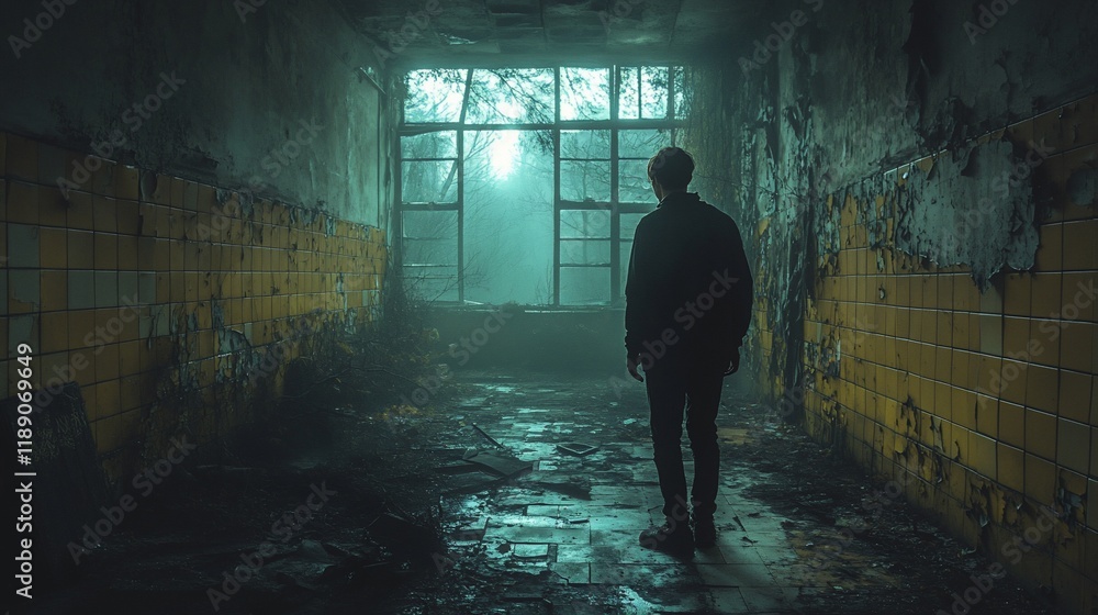 Man exploring derelict building, mysterious light Man exploring derelict building, mysterious light